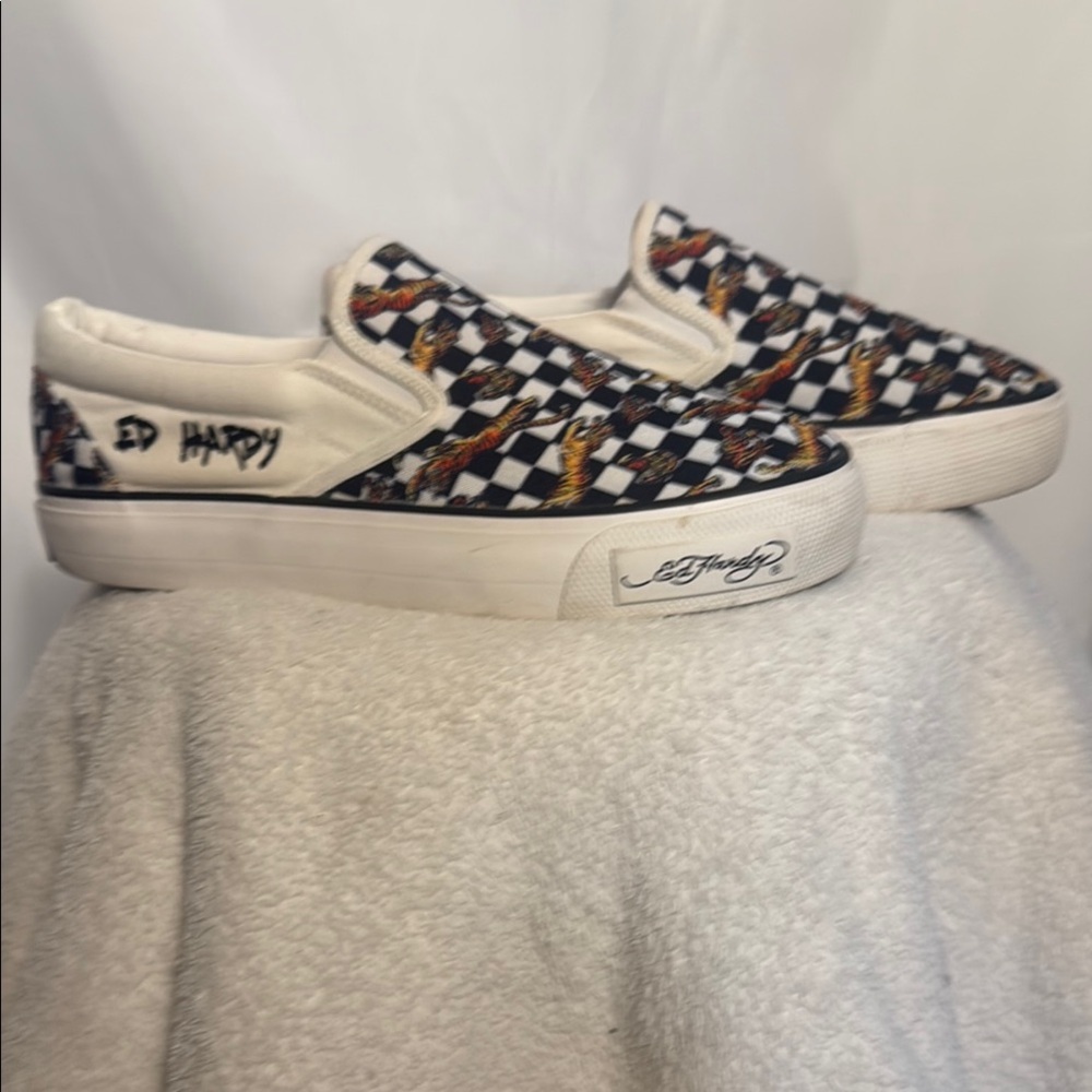 Ed Hardy Checkered Slip-On Sneakers with Colorful Accents